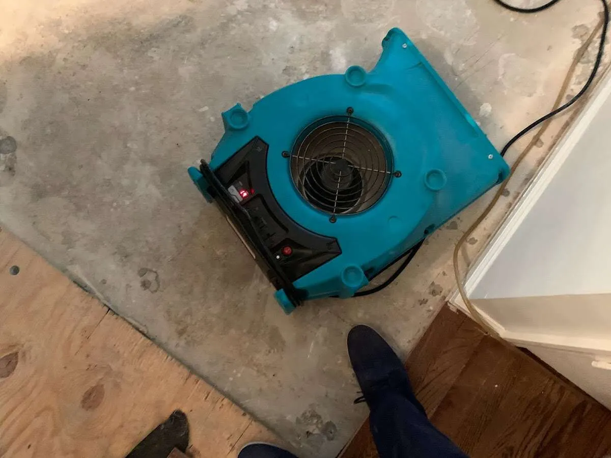 Air mover drying subfloor during Commercial Water Damage Restoration in St. Louis